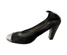 Chanel Interlocking CC Logo Pumps Black Glitter Heel Shoes 36 C