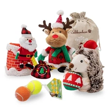 Best Christmas Dog Toy Set 5 Pack Plush & Balls with Gift Bag Reindeer, Santa