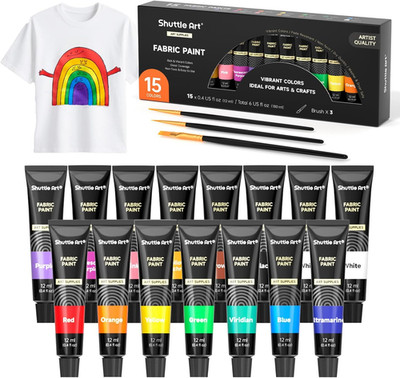 Fabric Paint, 15 X 12Ml Tubes Permanent Soft Fabric Paint with 3 Brushes, Non-To