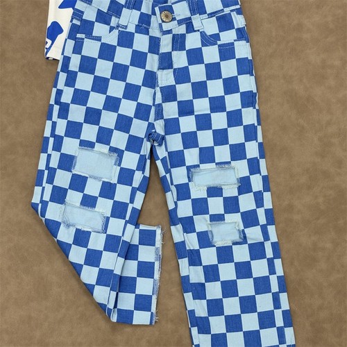 Toddler Girls Sport Team Cheer Top With Checked Denim Pants Boutique Outfit - Picture 4 of 8