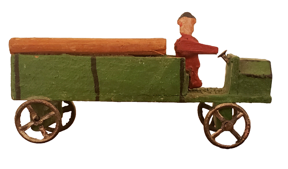 ANTIQUE Tiny German MINIATURE Wood PUTZ Christmas PENNY TOY Wood WAGON #2