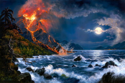 Art Giclee Night Volcano Eruption Oil painting Picture Printed on canvas P127