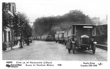 RPPC postcard Pamlin Print Newcastle s/deck bus at Hexham Abbey (0386)
