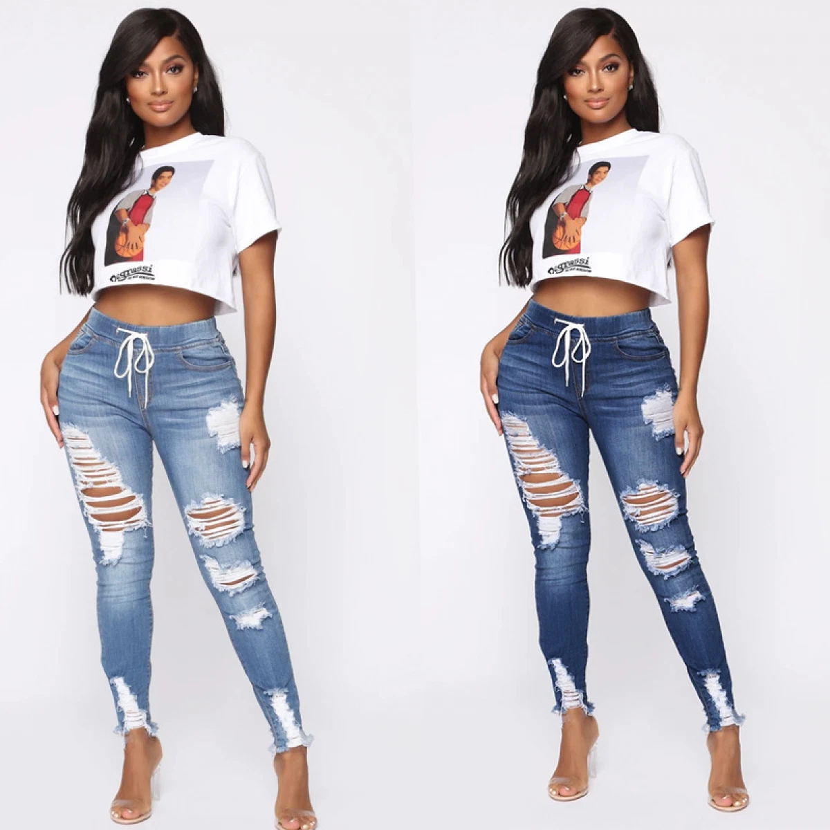 Fashion Women Ripped Holes Slim Elastic Waist Jeans Lace Up Casual Pants