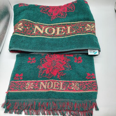 Fieldcrest Christmas Kitchen & Bath Towel Red Green & Gold Noel Set Of 2