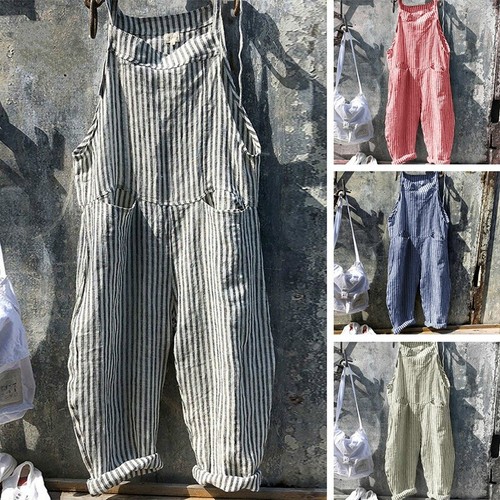 Women Dungarees Pants Overalls Jumpsuit Striped Cargo Trousers Playsuit Loose - Afbeelding 1 van 13