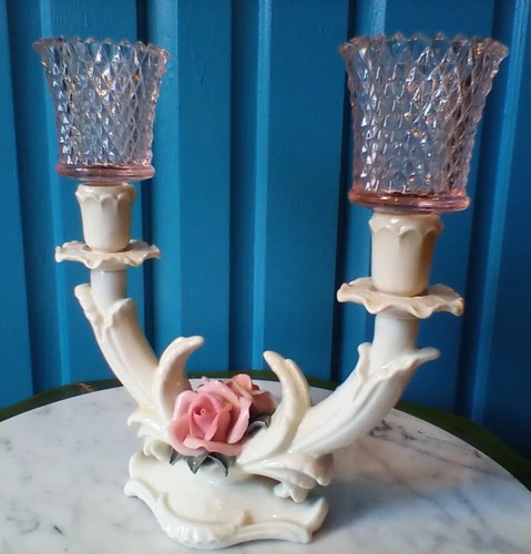 Vintage Karl Ens Porcelain Rose Candle Holder Centerpiece Pink Glass Votive - Bild 16 von 23