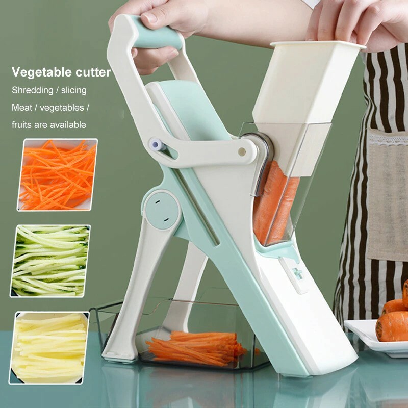 Mandoline 5 en 1 et coupe-légumes sécurisé en inox avec bac