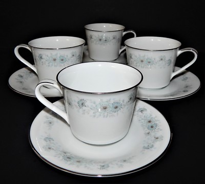 4 Noritake Inverness 6716 Cups and Saucers Silver Rim Blue Flower Japan Vintage