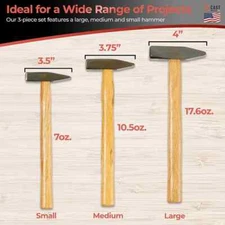 Blacksmith Shape Design  Steel Metal Hammer Set Wood Handle 3 Sizes Cast Master