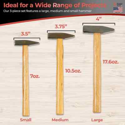 Blacksmith Shape Design  Steel Metal Hammer Set Wood Handle 3 Sizes Cast Master
