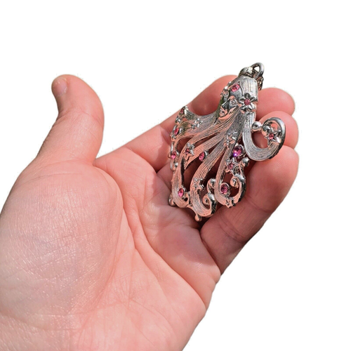 Large Silver Celestial Star Angel Pendant W/ Pink Rhinestone Gift For Bestie - Picture 2 of 9