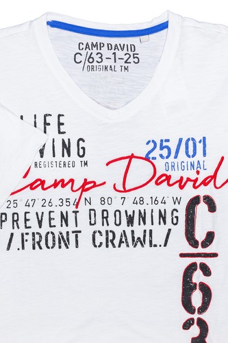Camp David T Shirt Kurzarm Herren Baumwolle V Ausschnitt Logo Weiß Blau - Picture 5 of 9
