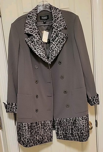 Dennis Basso graue zweireihige Größe 16 Jacke mit metallischem Leopardenmuster neu mit Etikett