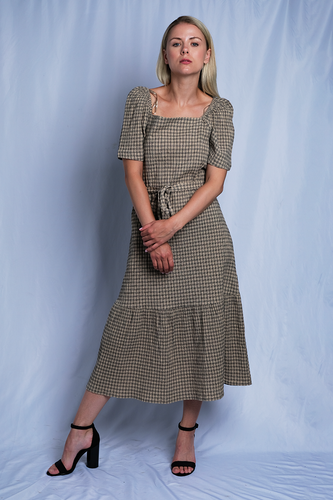 Light Brown Black Boat Neck Plaid 