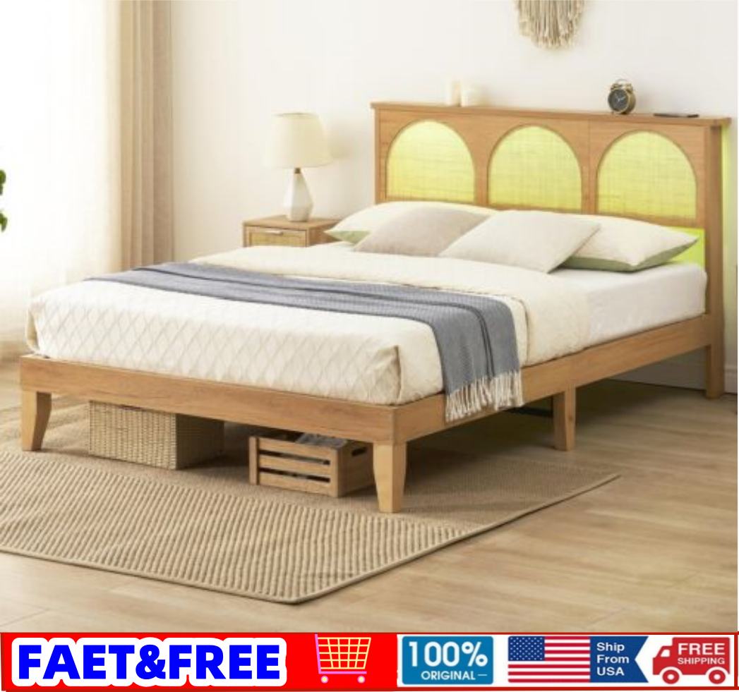 Natural Rattan Full Bed Frame with LED Lights and Headboard  -image
