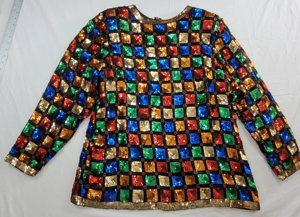 Chaqueta de mujer vintage color tostado Chho XL con lentejuelas 100 % seda arco iris India años 80 Foto 2 de 4