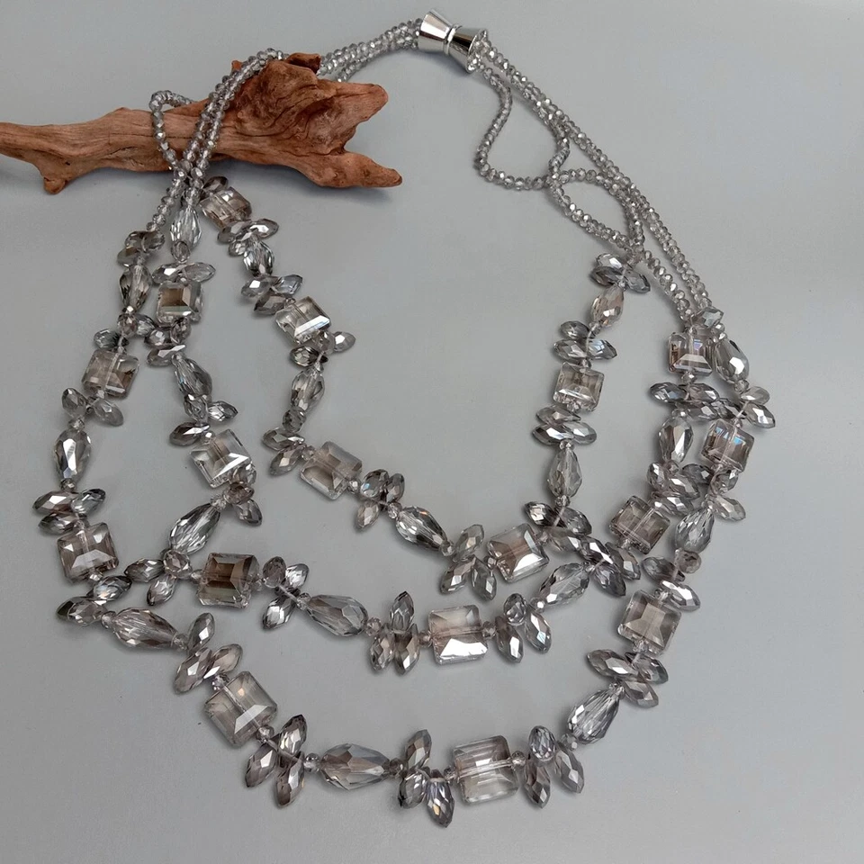 Collar de 3 filas de cristal gris llamativo de moda para mujer collares de cuello de hilo Foto 2 de 4