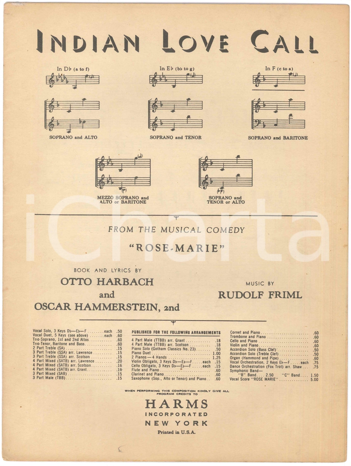 1924 Rudolf FRIML Oscar HAMMERSTEIN Indian Love Call "RoseMarie