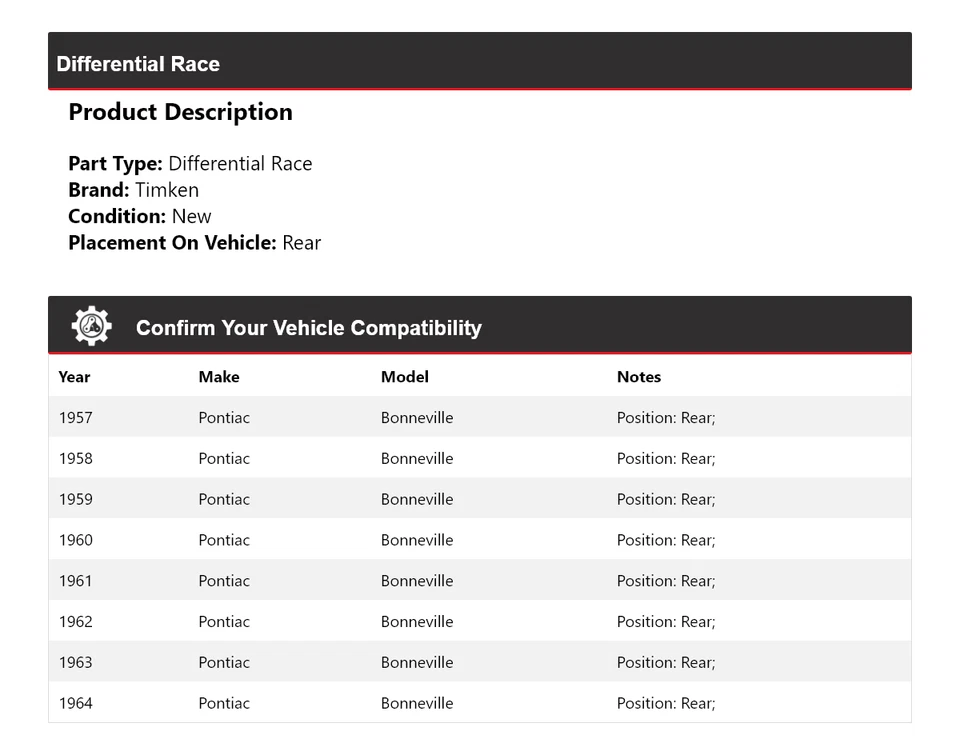 Diferencial trasero de carrera para Pontiac Bonneville 1957-1964 Timken 1958 1959 1960 Foto 2 de 4