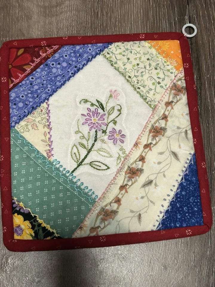 Soporte para maceta colgante bordado floral acolchado loco retazos hecho a mano vintage Foto 2 de 4