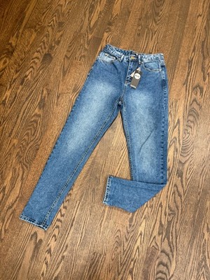 NWT Boohoo Blue Lila Hatty High Rise Mid Wash Boyfriend Jeans Size 8