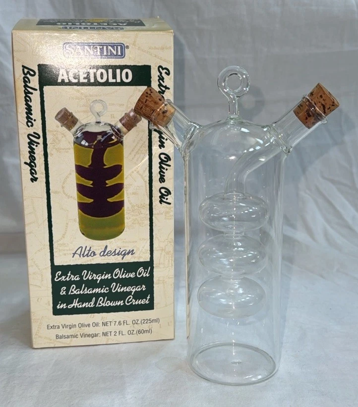 2 in 1 Oil & Vinegar Cruet 3 Bubbles Inside Hand Blown Glass Corked
