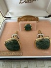 New Vintage 1960s Dolan Bullock 14k Gold Fill Jade Cufflinks & Tie Tack Set — photo 2