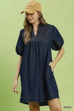 Umgee Notched Puff Sleeve Mini Dress with Pockets - Large