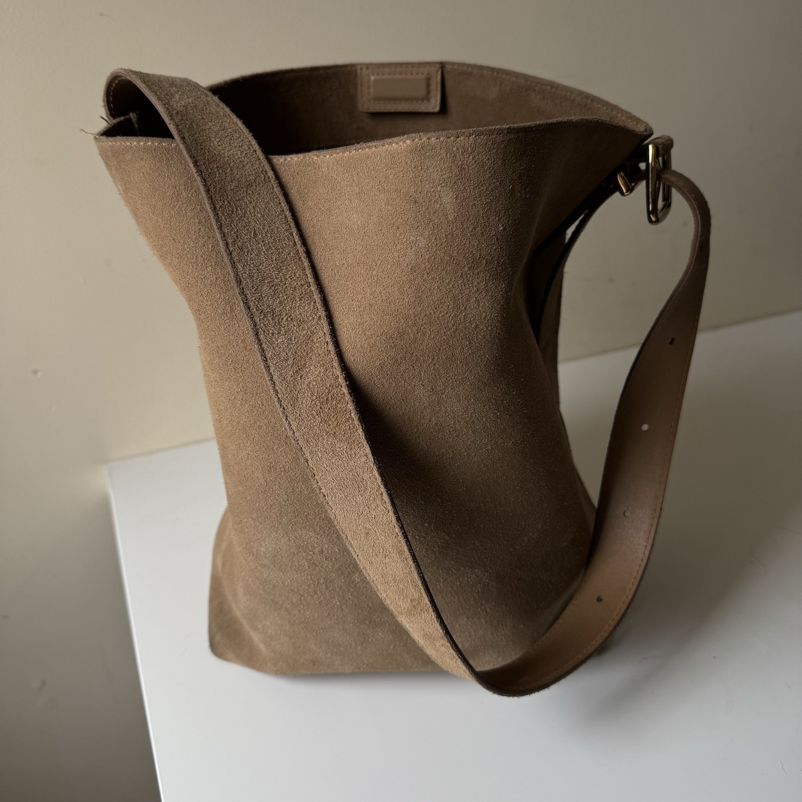 Madewell Essential Suede Bucket Tote Bag Tawny Khaki 10.5" W x 13.5" H x 6" D