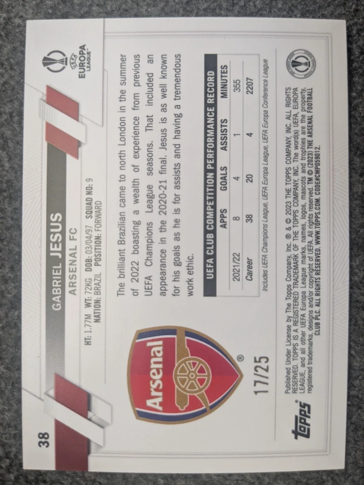 2022-23 TOPPS UEFA CLUB COMPETITIONS GABRIEL JESUS 1ST EDITION ORANGE#38#D17/25 - Image 2 of 2