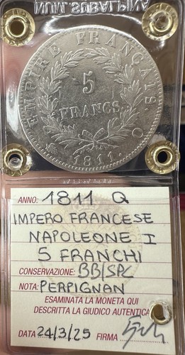 French Empire Coin Napoleon I 5 Francs 1811 Q Perpignan Sealed BB/SPL - Bild 2 von 3