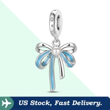 KUNSIR 925 SterlingSilver Blue Bow Dangle Charm For Bracelet or Necklace Pendant