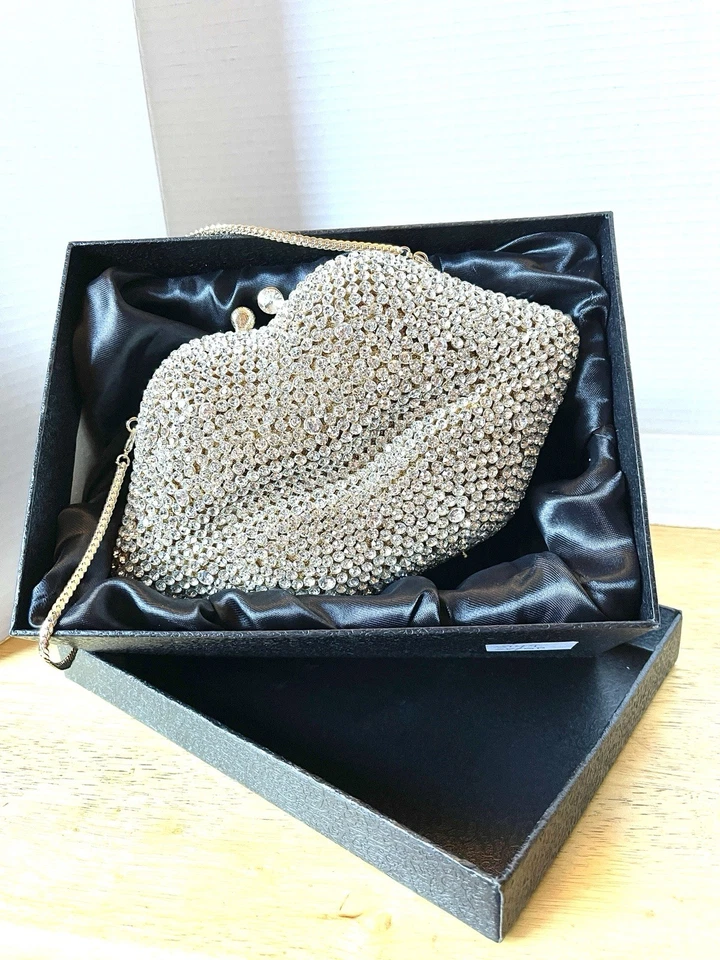Bolso sin asas para labios con estrás de cristal Bolso de hombro de noche Forro dorado Bolso extra Brillante Foto 4 de 4