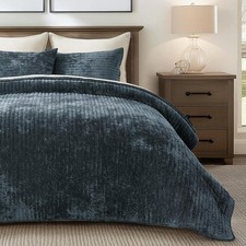 Ultra Soft Luxury Velvet Quilt Set, Queen Size, Stormy Blue, 2 Shams