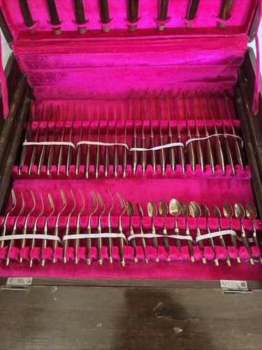 Juego de cubiertos vintage tailandeses lapidarios de latón palisandro 144 piezas caja de almacenamiento de madera - Imagen 6 de 24