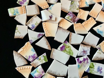 Broken China Mosaic Tiles PURPLE & BLUE Florals, Peach & Gold Trim 65+Pieces