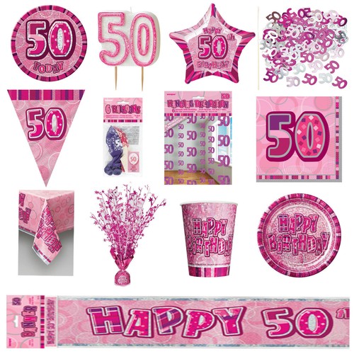 Glitz Pink 50th Birthday Party Tableware Decoration Plates Banners Candle Age 50 - Picture 6 of 13