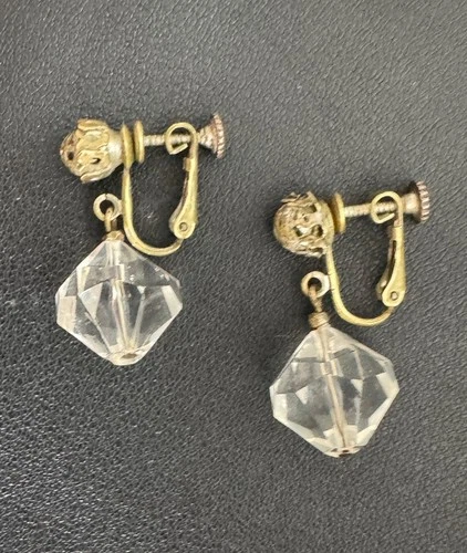 Vintage Miriam Haskell Gold Tone Clear Crystal Dangle Drop Clip On Earrings