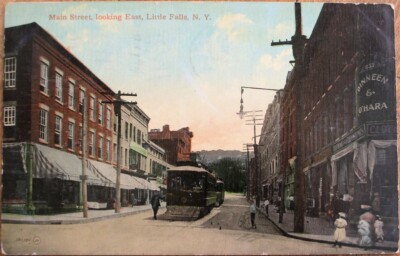 Little Falls, NY 1911 Postcard: Main Street / Trolley / Downtown 