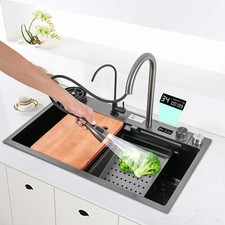 Stainless Steel Sink w/Pull-Out Faucet Kitchen Digital Display Sink Wash station