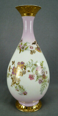 Klingenberg Limoges Pink & Purple Floral Raised Gold Pink 11 3/4 Vase 1900-1910