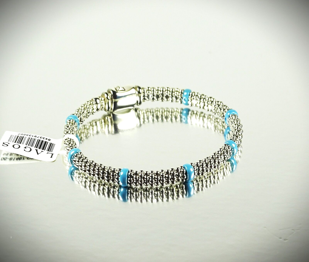 LAGOS Caviar Sterling Silver Ceramic Blue Stations Bangle Bracelet