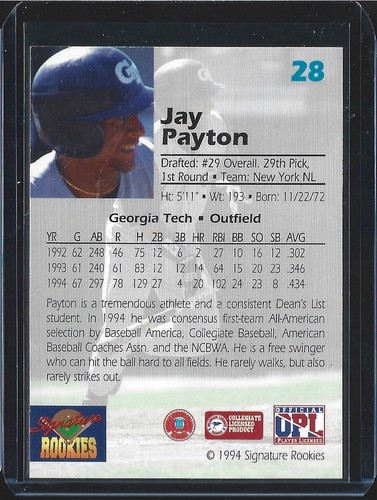Jay Payton 1994 Signature Rookies #28 - Draft Picks Auto #d/7750 - New York Mets - Picture 2 of 2