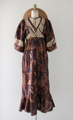 70s Young Innocent by Arpeja Batik Prairie Boho Dress Bell Sleeves - Sz X Small