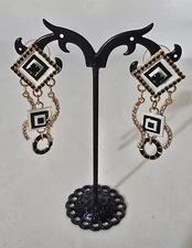 LUNCH AT THE RITZ Very Square 24KT Gold Plated Enamel & Crystal Pierced Earrings