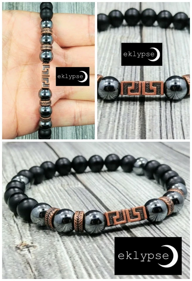 БЕДРА 8 «L меди греческий ключ 8 мм черный оникс + гематит драгоценный камень бисер мужской браслет - Изображение 2 из 4