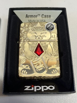Zippo Brass Armor Lucky Cat Lighter With Red Inlaid Jewel, 49802