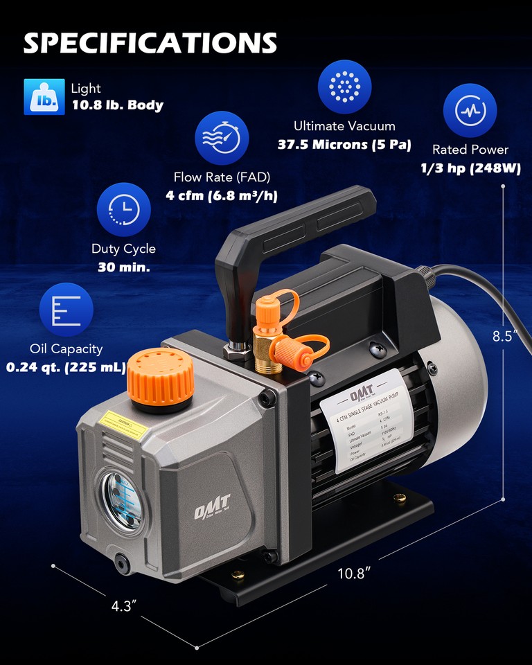 OMT Rotary Vane Deep Vacuum Pump HVAC Air Tool R410a R134 w Free Oil