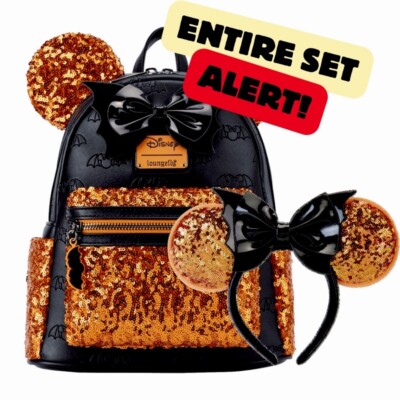 NWT SET BOTH Sequin Halloween Minnie Ears And Backpack SOLD OUT HTF Orange&Black